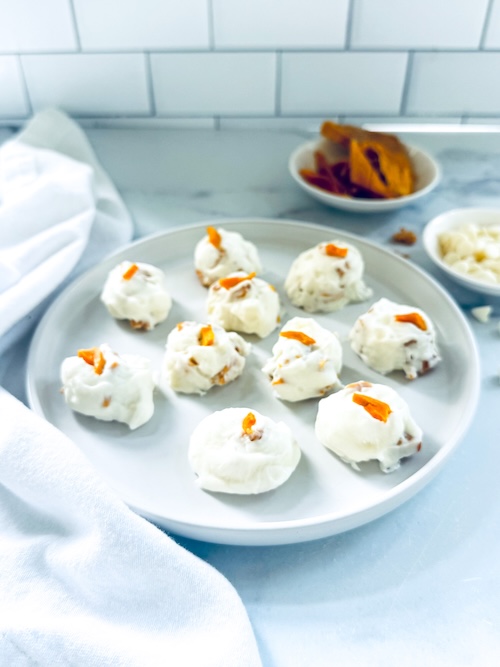 Mango white chocolate protein bites.