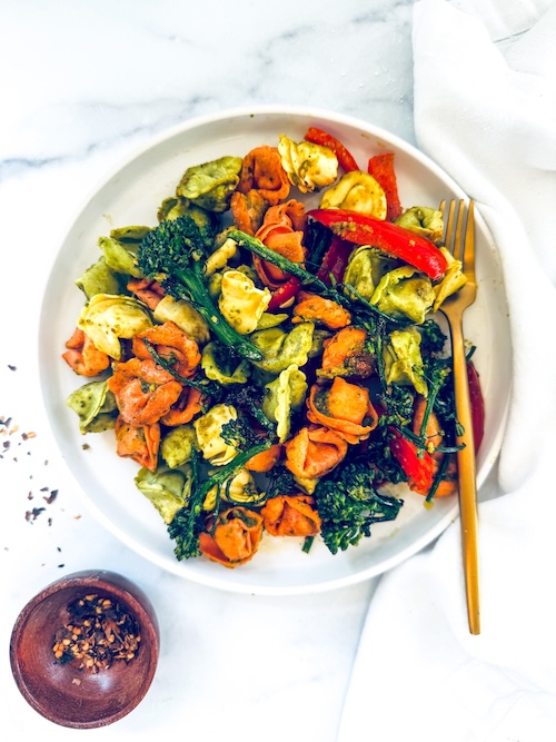 Pesto tortellini with broccolini.