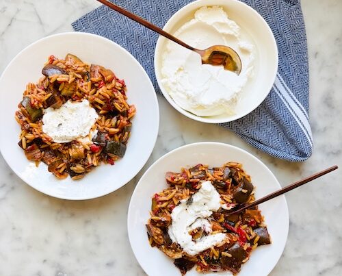 Ratatouille orzo in two bowls.