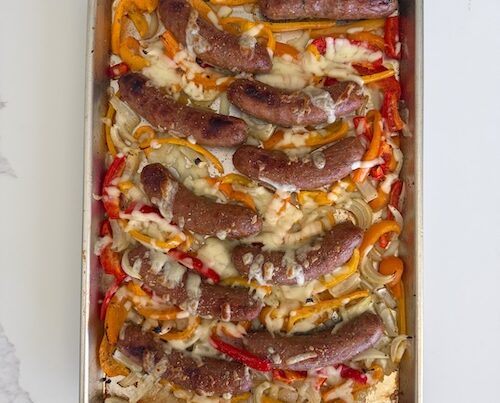 Sheet pan Italian sausage with peppers.